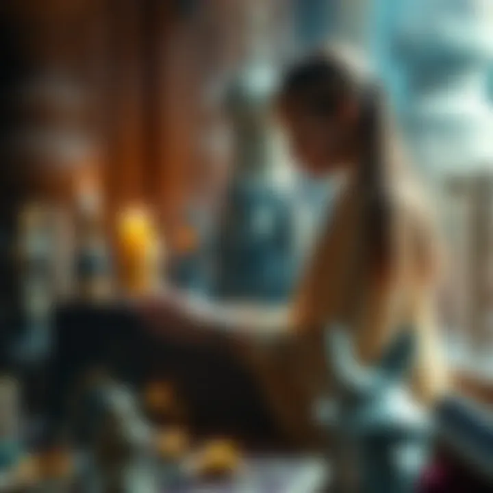 A teenage girl creating her Kemetism altar, surrounded by Egyptian artifacts and offerings, embodying her spiritual connection