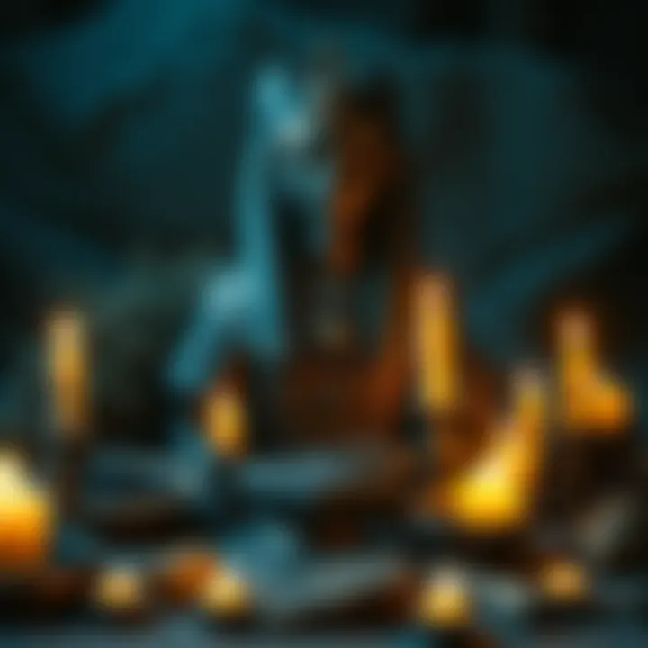 A depiction of Aset, also known as Isis, surrounded by symbols of witchcraft, such as candles and herbs, representing the blend of Kemetism and witchcraft.