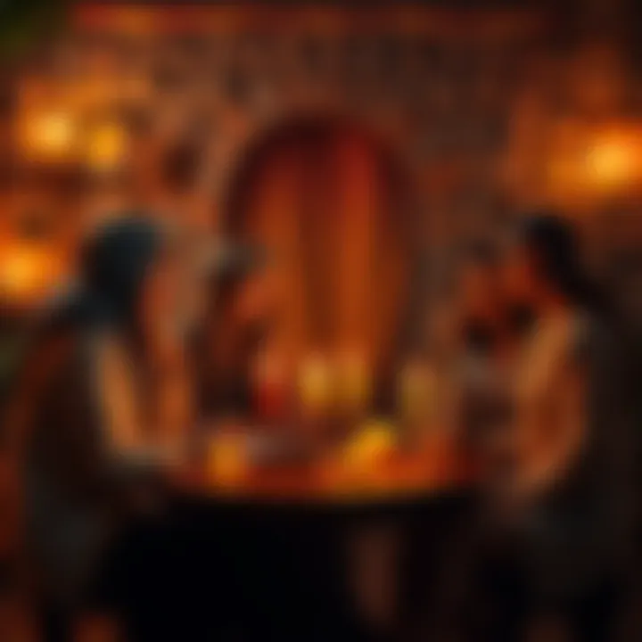 Kemetism Love Spell A group of friends discussing love spells in a warm, inviting setting with candles and symbols of Kemetism around them.