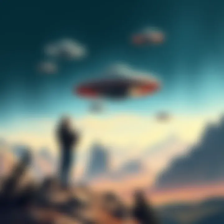 An illustration of Kenneth Arnold observing a series of flying saucers in the sky during his 1947 sighting, with mountain peaks in the background.