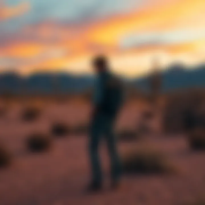 A man standing in a dry desert landscape, looking around, with mountains in the background, searching for something mysterious.