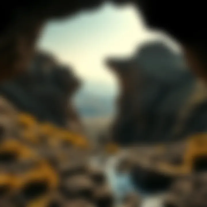 A man in rugged terrain looking for a cave entrance, with distant mountains and clear sky in background.