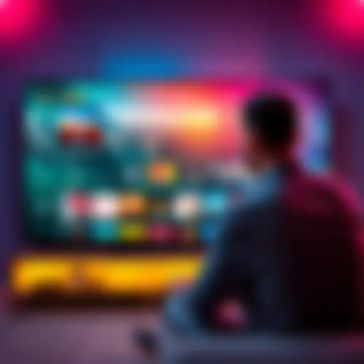 A person watching KenoaTV on a large screen with vibrant 4K quality, showcasing various channels and content options.