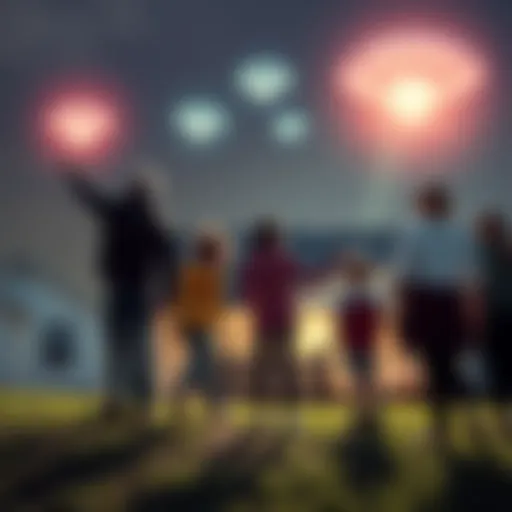 A Kentucky family stands outside their home, pointing towards bright lights in the sky, with eleven witnesses nearby looking up in awe.