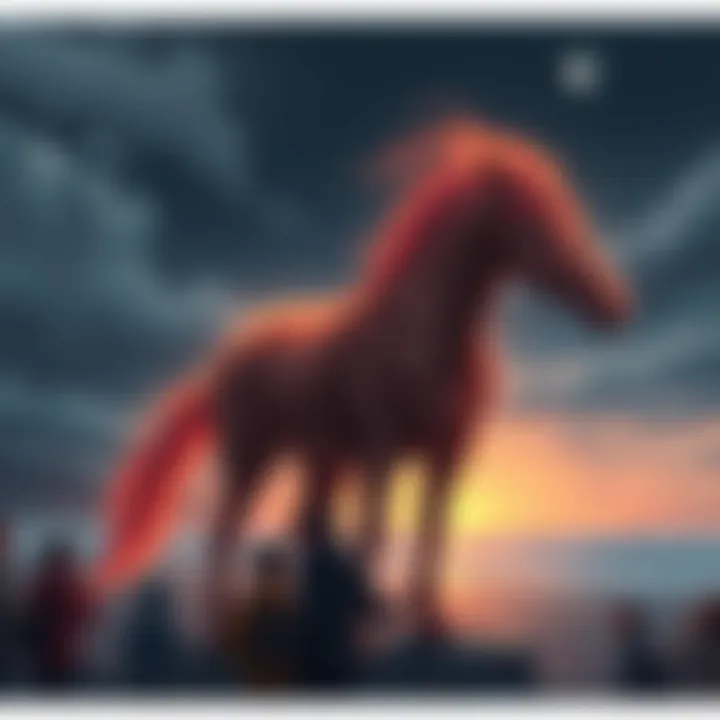 Kerguelen Island Horse Cryptid An illustration of a mysterious horse-like creature from Kerguelen Island standing by the shore, captivating a crowd of onlookers.