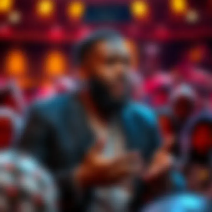 Comedian Kevin Hart discussing his views on prayer in front of a crowd