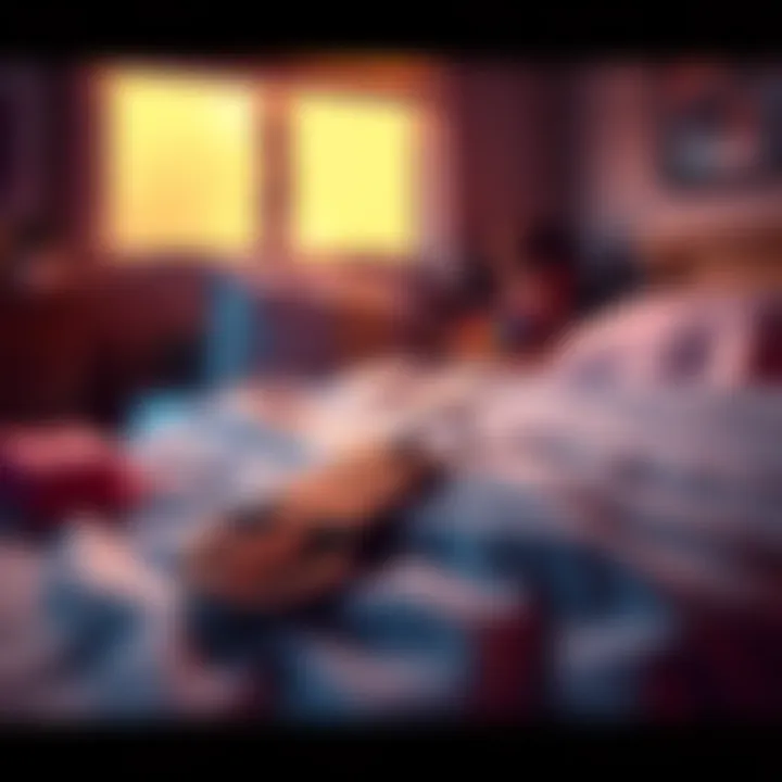 A mysterious keychain resting on a loft bed, surrounded by bedding and a pillow, with a curious expression on a person's face in the background.