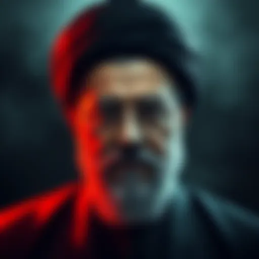 A depiction of Khamenei, a political leader, looking serious with a shadowy background to suggest mystery around his status.