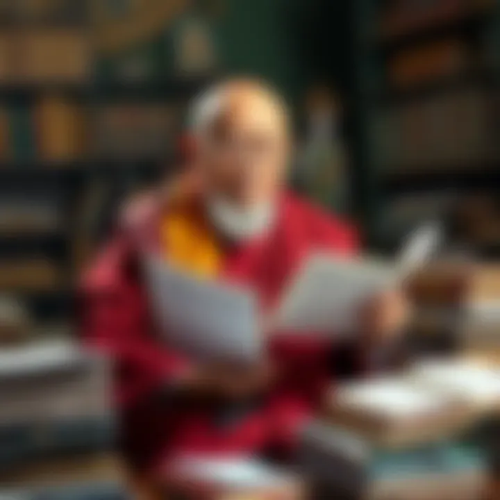 Khenpo Mriti with Dharma Texts Khenpo Mriti analyzing texts on Asaแน
ga's mental factors, surrounded by books and notes.