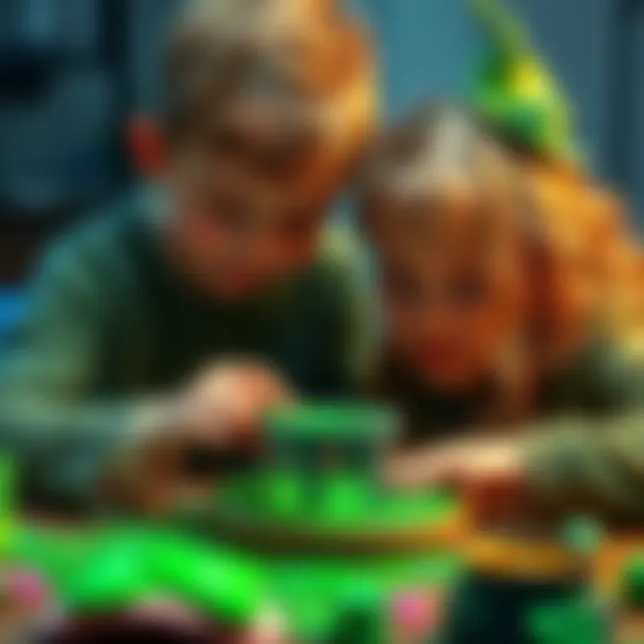 Kids making a leprechaun trap Children crafting a colorful leprechaun trap with glitter and green decorations for St. Patrick's Day