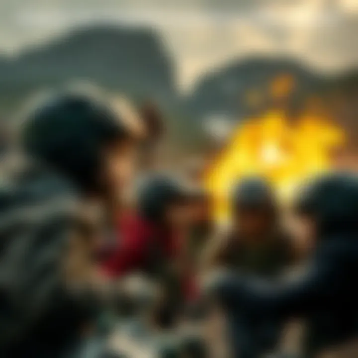 Kids in a harsh outdoor environment A group of children participating in a rugged outdoor program, facing challenging tasks and obstacles