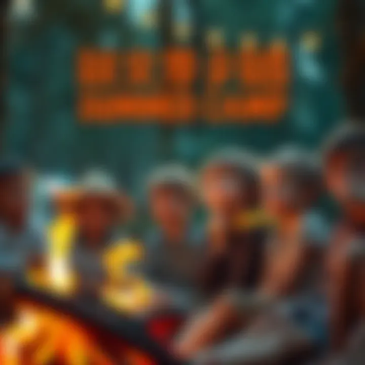 A group of children sitting around a campfire, looking surprised and worried as they hear a scary story