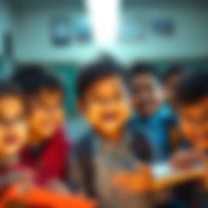 Kids Giving Compliments A group of children happily giving compliments to an adult at school during recess. Their faces show joy and excitement, creating a warm atmosphere.