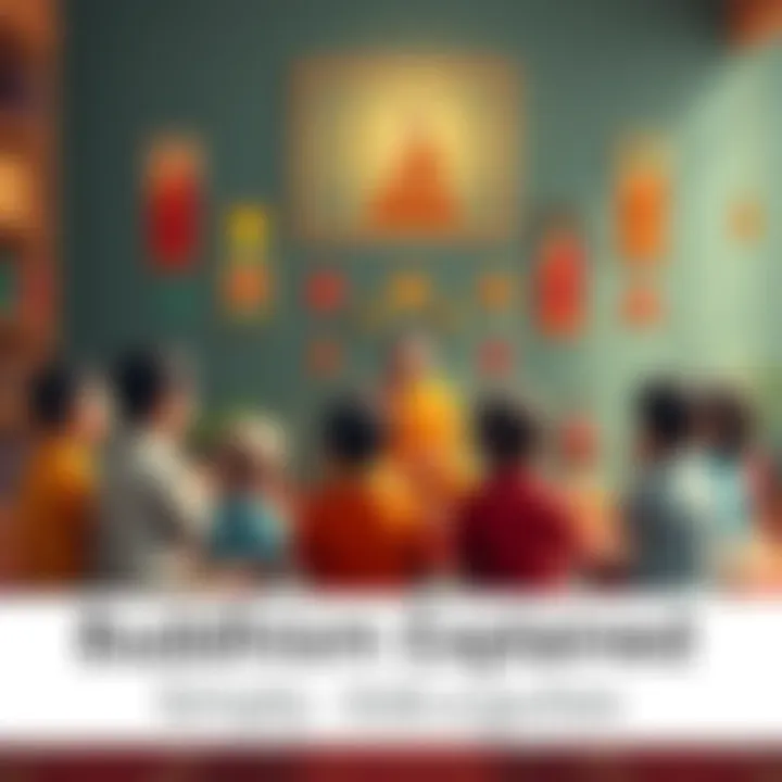 A group of children sitting in a circle, listening to a teacher who is explaining the basics of Buddhism with colorful images and symbols around them.