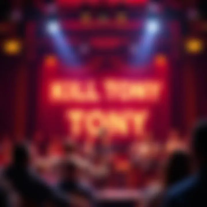 A lively comedy stage with a microphone and audience laughing, highlighting the atmosphere of the Kill Tony show.