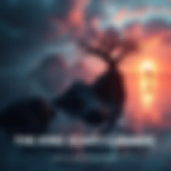 A serene landscape with contrasting elements of calm and eerie shadows, symbolizing the balance of fear and inspiration in wellness