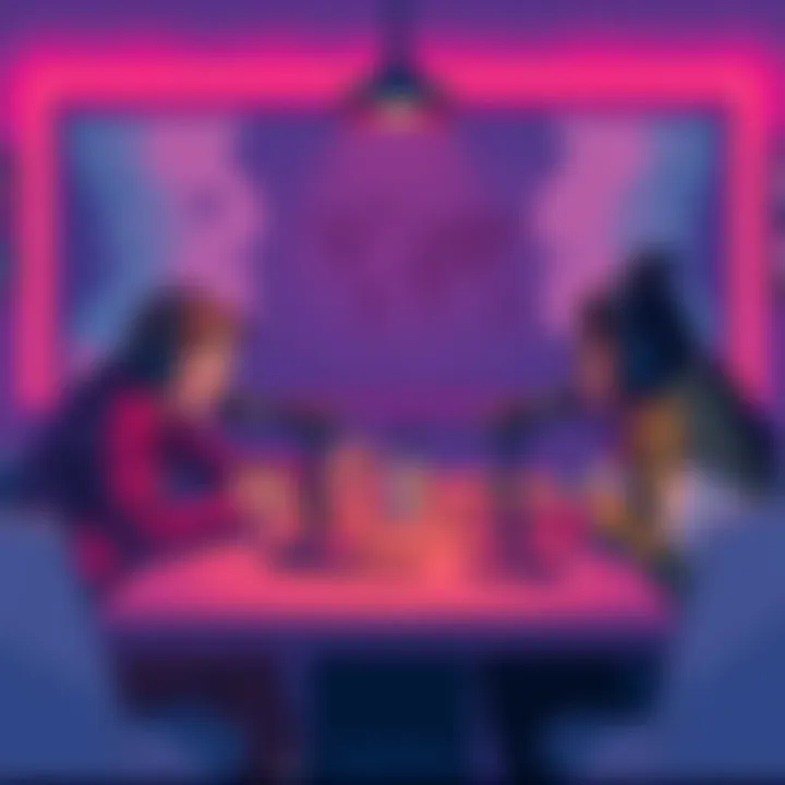 A lively group of friends discussing paranormal stories around a table with headphones and microphones