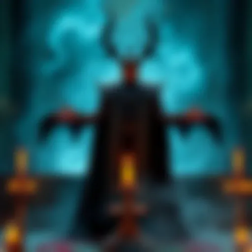 King Asmodeus stands before an altar, choosing a candle that reflects his unique style, surrounded by a mystical setting.