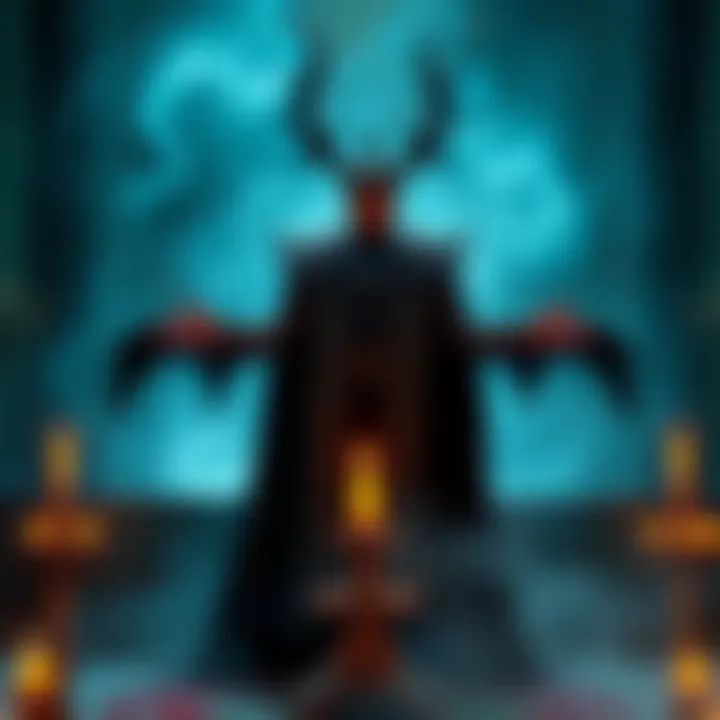 King Asmodeus Selecting Altar Candle King Asmodeus stands before an altar, choosing a candle that reflects his unique style, surrounded by a mystical setting.