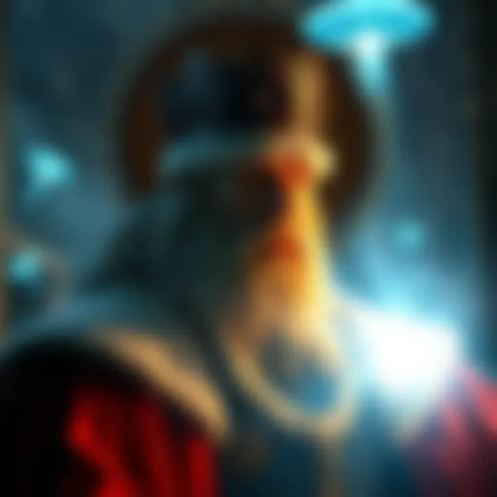 A representation of a king in a regal setting, with ancient symbols and UFO imagery in the background, depicting a connection between ancient rulers and modern themes.