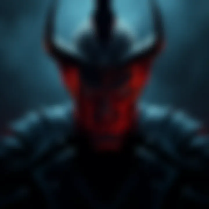 An artistic portrayal of King Belial, exuding an imposing presence with a stern expression, set in a dark and moody environment that reflects his harsh methods, yet hints at an unexpected charm.