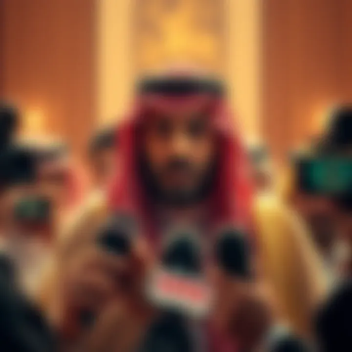 The King of Saudi Arabia depicted in a tense press conference amid scandal allegations, with reporters present and cameras flashing.
