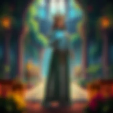 An illustration of the King of Seelie Court standing proudly in his vibrant court, surrounded by magical elements and lush greenery.
