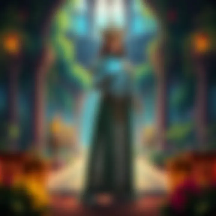 An illustration of the King of Seelie Court standing proudly in his vibrant court, surrounded by magical elements and lush greenery.
