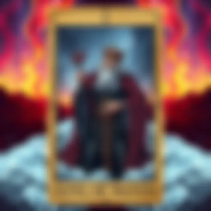 A Tarot card featuring the King of Wands reversed, symbolizing introspection and potential arrogance in a personal growth context.