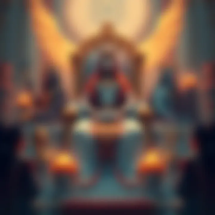 An artistic representation of King Paimon sitting on a throne, surrounded by symbols of respect and equality among deities, showcasing a sense of shared connection.