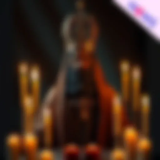 A mystical figure with a crown, symbolizing King Paimon surrounded by candles and spiritual symbols