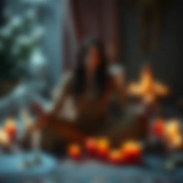 King Paimon Ritual A person meditating with candles and symbols around them, focusing on connecting with King Paimon during a ritual.