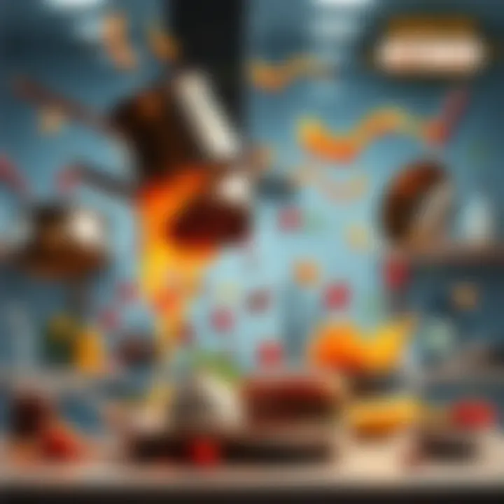 A humorous depiction of a kitchen mishap with pans flying and ingredients spilling everywhere.