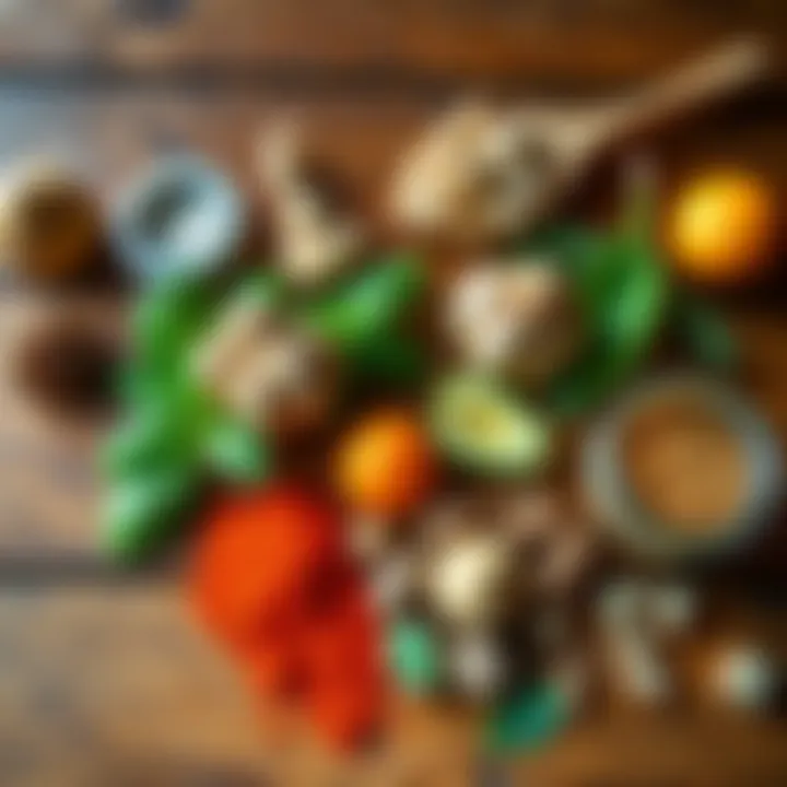Herbs and Ingredients for Kitchen Magic Various natural ingredients like herbs and spices laid out on a wooden table, representing kitchen spells