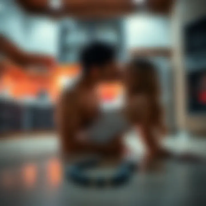 Kitchen Make-Out Scene Strangers in a kitchen share a romantic kiss on the floor, with a necklace prominently featured, creating an intimate atmosphere.