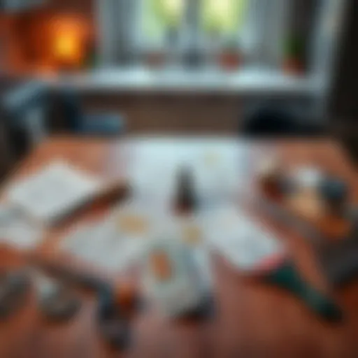 A table displaying a tarot card spread with kitchen design sketches and renovation tools.