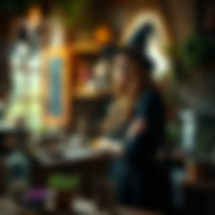 A kitchen witch stands in her cozy kitchen surrounded by herbs and spell ingredients, looking concerned while reflecting on her recent spellwork.