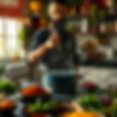 A person stirring a pot in a kitchen surrounded by herbs and spices, showcasing cooking rituals and traditions