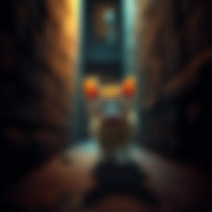 A frightened kitten searching for its siblings in a dark alley with shadows and dangers lurking.