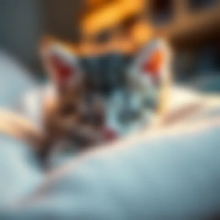 A small, fluffy gray and white kitten named Pluto resting peacefully on a soft blanket, with a warm glow surrounding him.