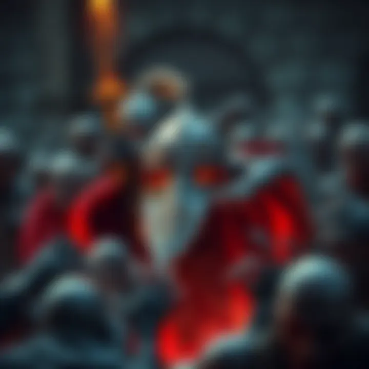 A brave knight in shining armor battles a horde of zombies in a dark medieval setting.