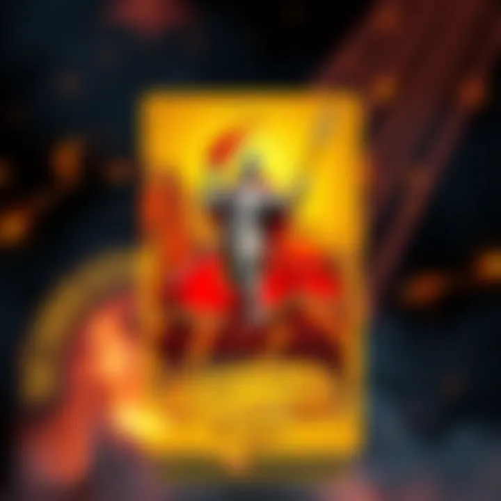 A vibrant Knight of Wands tarot card features a confident knight on a horse, representing impulsive energy and passion in relationships.