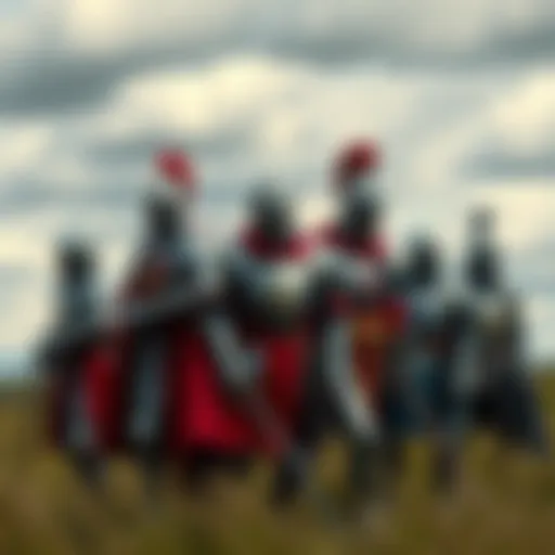 A group of medieval knights wearing distinctive suits of armor, showcasing different designs and styles, standing together in a field.