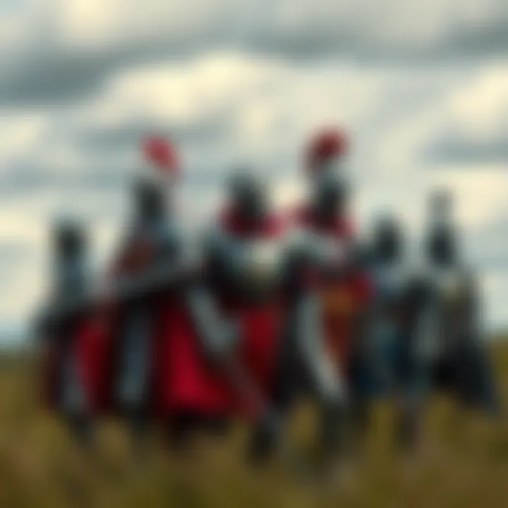 A group of medieval knights wearing distinctive suits of armor, showcasing different designs and styles, standing together in a field.