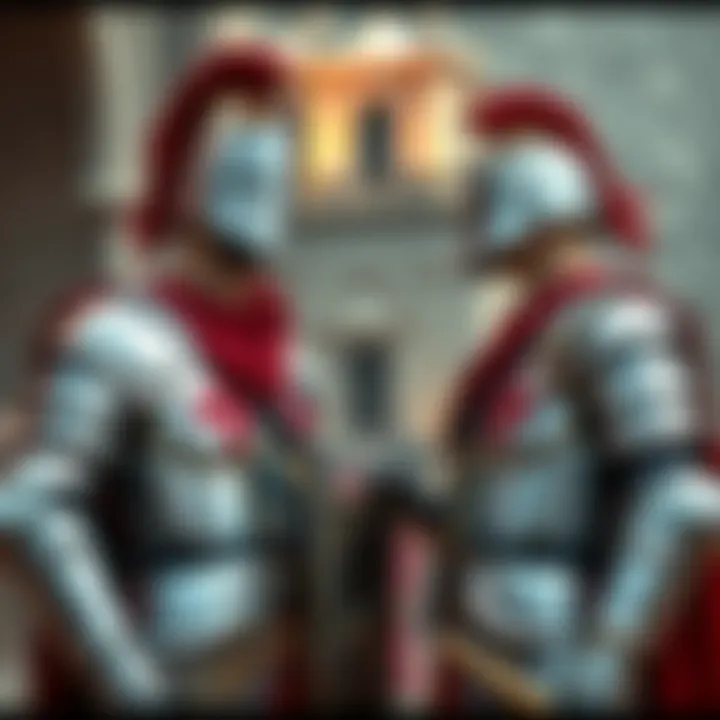 Two Knights of the Templar in medieval armor discussing their titles in a historic setting