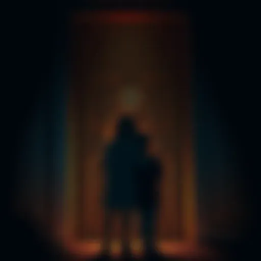Two siblings standing by a dark back door, looking scared, as a mysterious knock echoes in the night.