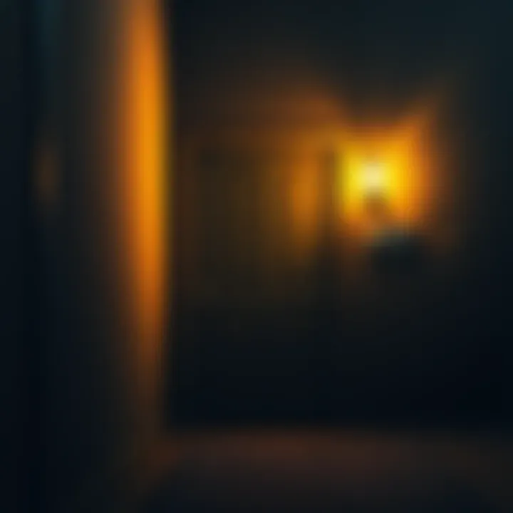 A dark basement door with faint knocking sound, creating an eerie atmosphere in the early morning light.