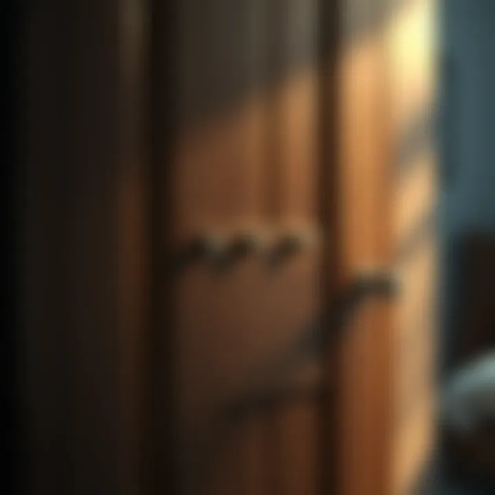 A close-up of a wooden bedroom door with three distinct knock marks visible, creating an eerie atmosphere in the early morning light.