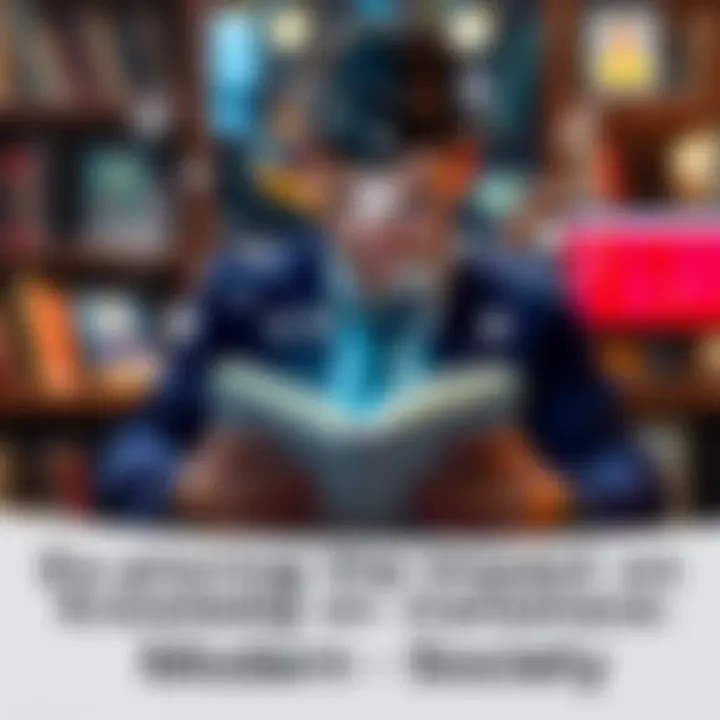 A person reading a book with digital symbols around, representing knowledge and learning in today's world.