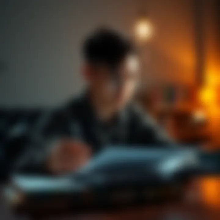 A person reflecting on notes and books, symbolizing the transition from learning to applying knowledge.